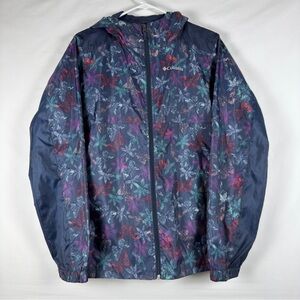 Columbia Windbreaker Rain Jacket Youth Navy Girls XL 18-20 Full Zip Hoodie Flwrs